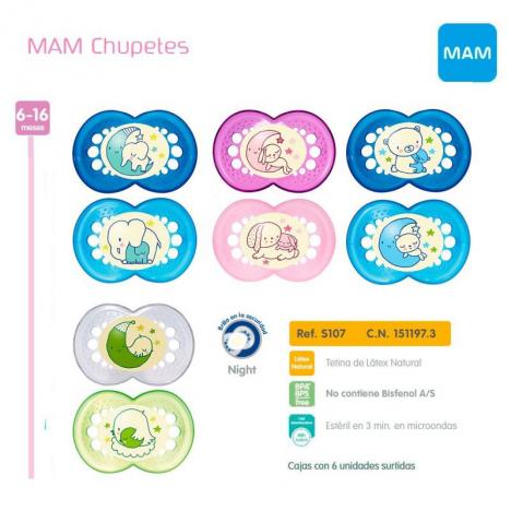 Chupetes Night MAM Latex +6 meses - Pack de 2 unidades
