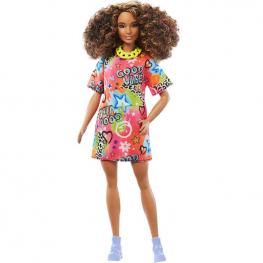 Barbie Fashionista - Muñeca Afroamericana Pelo Rizado con Vestido Estampado (Mattel HJT00)