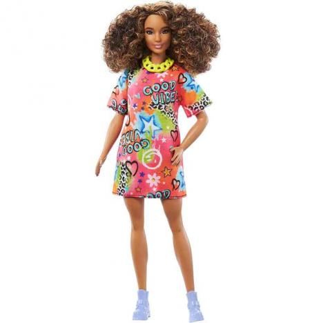 Barbie Fashionista - Muñeca Afroamericana Pelo Rizado con Vestido Estampado (Mattel HJT00)