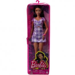 Barbie Fashionista - Muñeca Morena con Vestido de Cuadros Lila Y Blanco (Mattel HJR98)