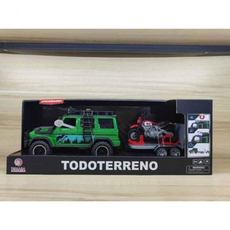 Todoterreno con Remolque y Moto 1:14 con Luz y Sonido